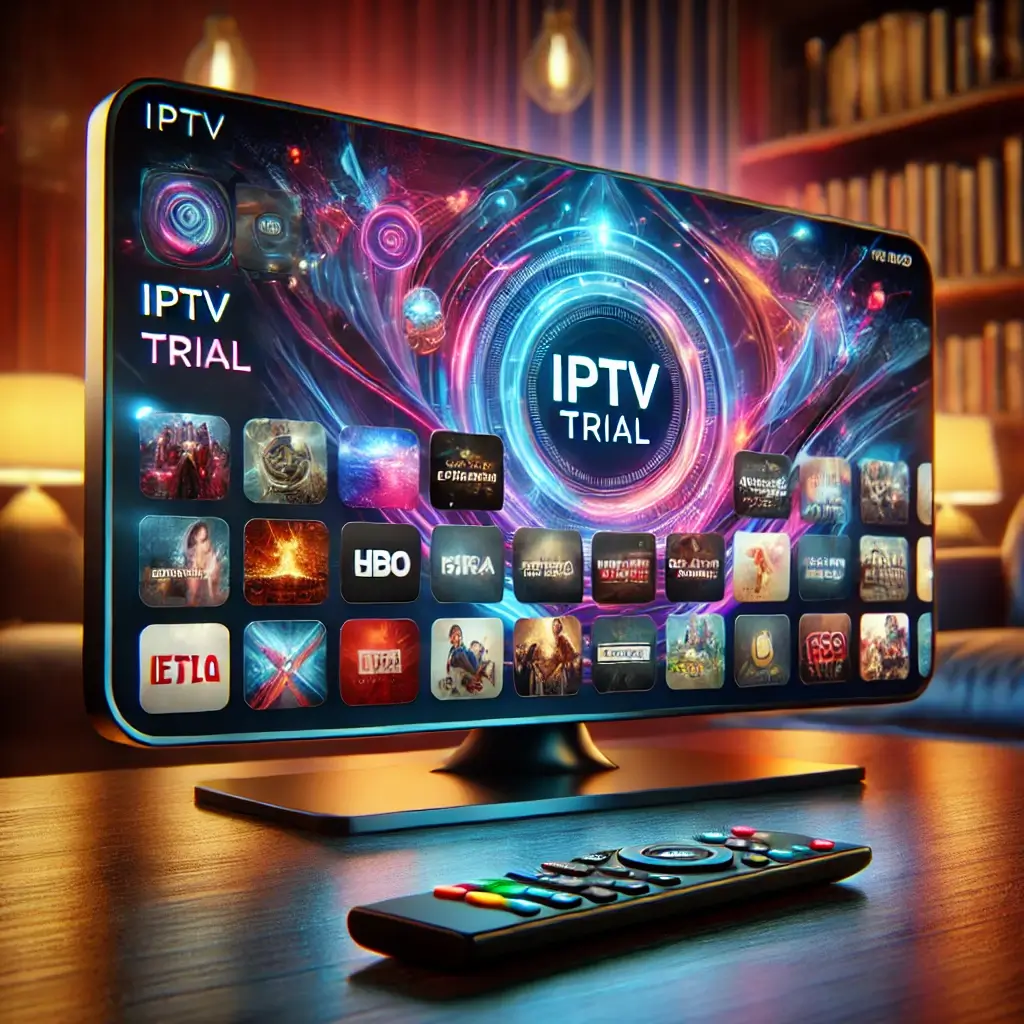 A modern digital screen displaying an IPTV trial interface with various TV channels, movies, and sports options. A remote control is placed on a table in front of the screen,