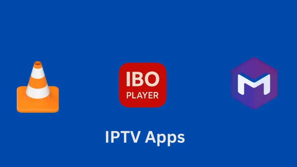 Icons of IPTV players including IBO Pro Player, MegaCubo, and VLC Media Player for streaming IPTV playlists on Windows