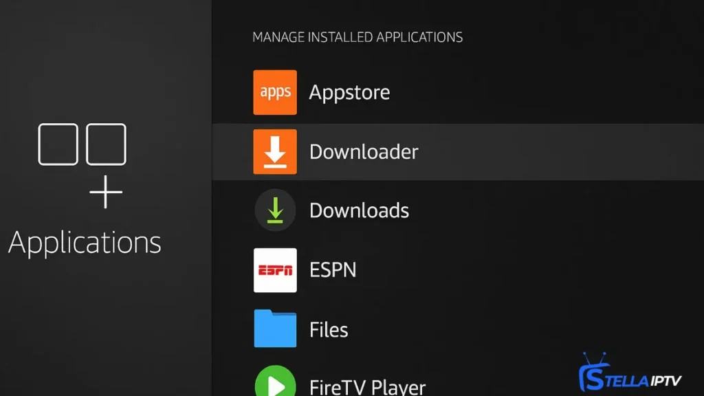 Firestick Manage Installed Applications menu with the Downloader app selected, showing app options for storage and cache management
