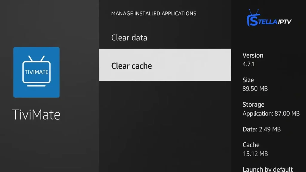 Firestick screen showing the TiviMate app selected in the Manage Installed Applications menu with the Clear Cache option highlighted and app storage details displayed on the right.