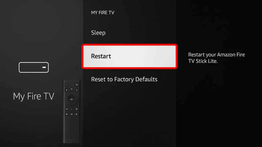 Firestick My Fire TV settings screen with the Restart option highlighted