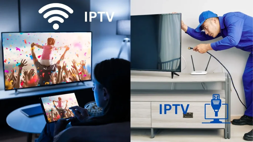 IPTV and Cable TV setup both connected via Wi-Fi showing streaming on multiple devices