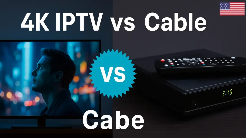 Digital comparison between IPTV with 4K and Cable TV showing streaming devices, cost differences, and 4K Ultra HD quality