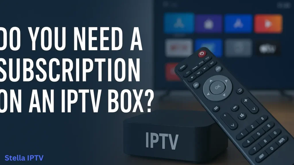 IPTV box and remote with a TV screen in the background showing streaming app icons and text that reads “Do You Need a subscription on an IPTV Box?